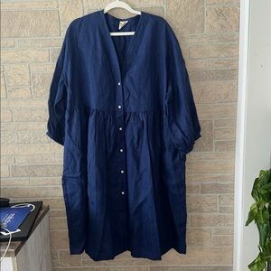 Beaton Linen House Dress Relaxed V neck Navy Blue Pockets size L